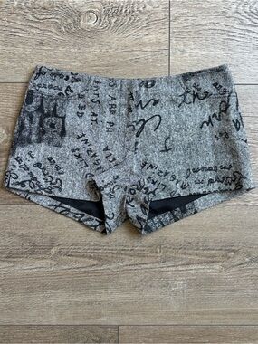 Vintage bebe Tweed Grey & Black Script-Graffiti Print Micro Mini Low Rise Shorts